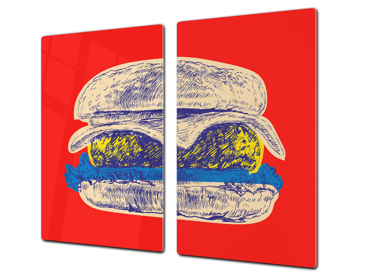 KITCHEN BOARD & Induction Cooktop Cover – Glass Pastry Board - Tempered Glass Chopping Board and Serving Tray – DIMENSIONS: SINGLE: 23,62” x 20,47”; DOUBLE: 11,81” x 20,47” – D44 Pop Art Series : Pop Art Burger 3