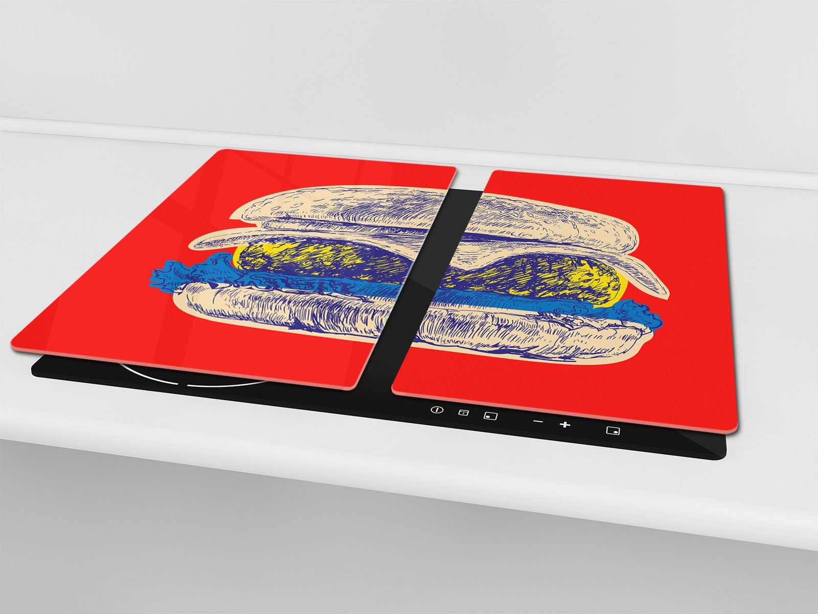 KITCHEN BOARD & Induction Cooktop Cover – Glass Pastry Board - Tempered Glass Chopping Board and Serving Tray – DIMENSIONS: SINGLE: 23,62” x 20,47”; DOUBLE: 11,81” x 20,47” – D44 Pop Art Series : Pop Art Burger 3