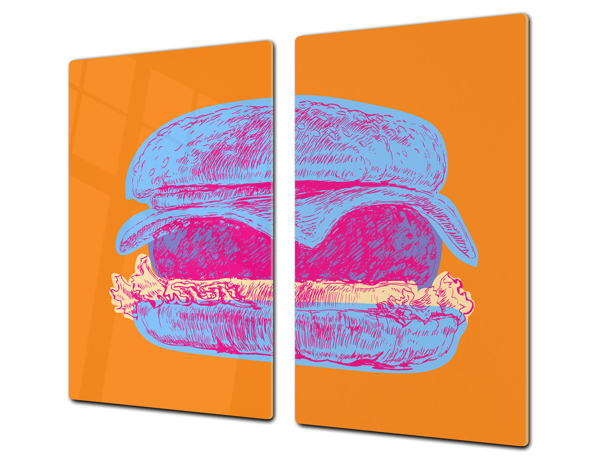 KITCHEN BOARD & Induction Cooktop Cover – Glass Pastry Board - Tempered Glass Chopping Board and Serving Tray – DIMENSIONS: SINGLE: 23,62” x 20,47”; DOUBLE: 11,81” x 20,47” – D44 Pop Art Series : Pop Art Burger 4