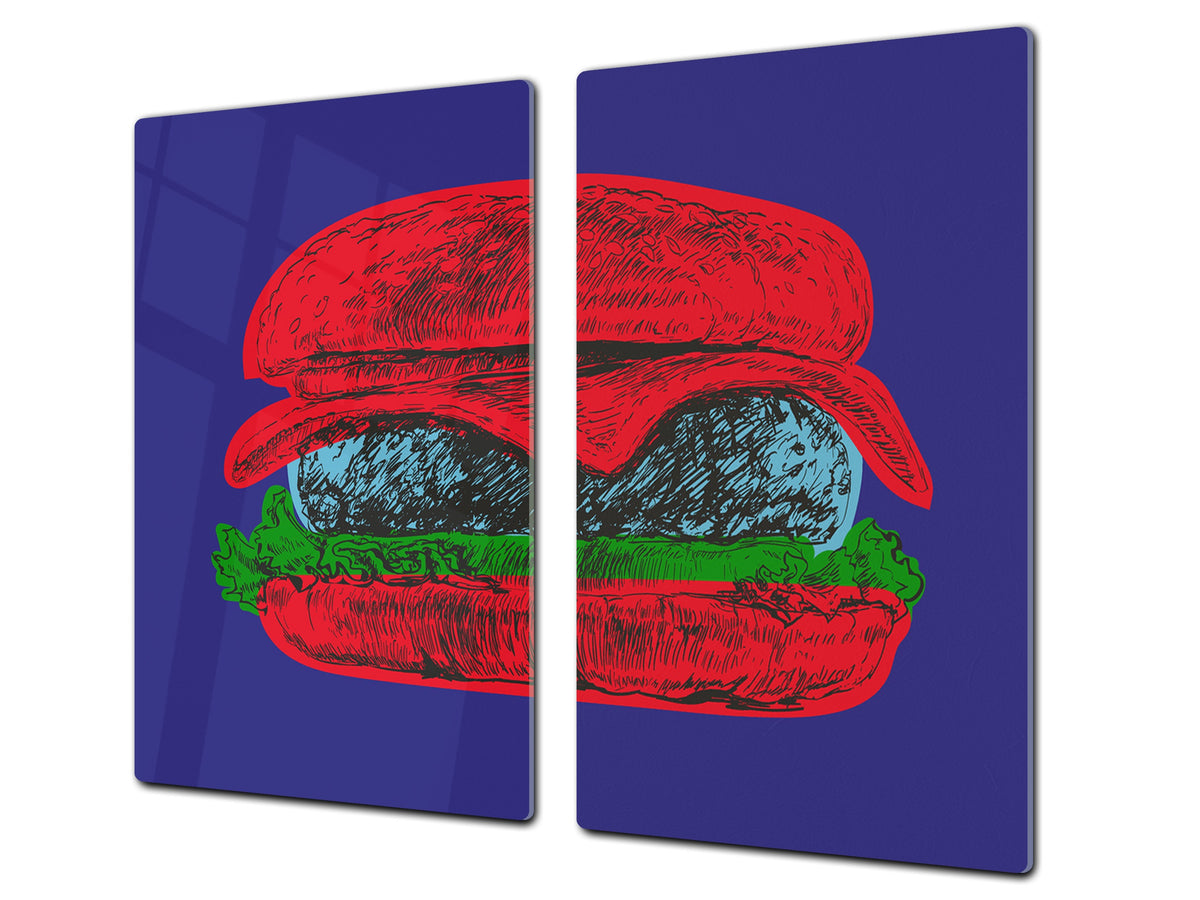 KITCHEN BOARD & Induction Cooktop Cover – Glass Pastry Board - Tempered Glass Chopping Board and Serving Tray – DIMENSIONS: SINGLE: 23,62” x 20,47”; DOUBLE: 11,81” x 20,47” – D44 Pop Art Series : Pop Art Burger 5