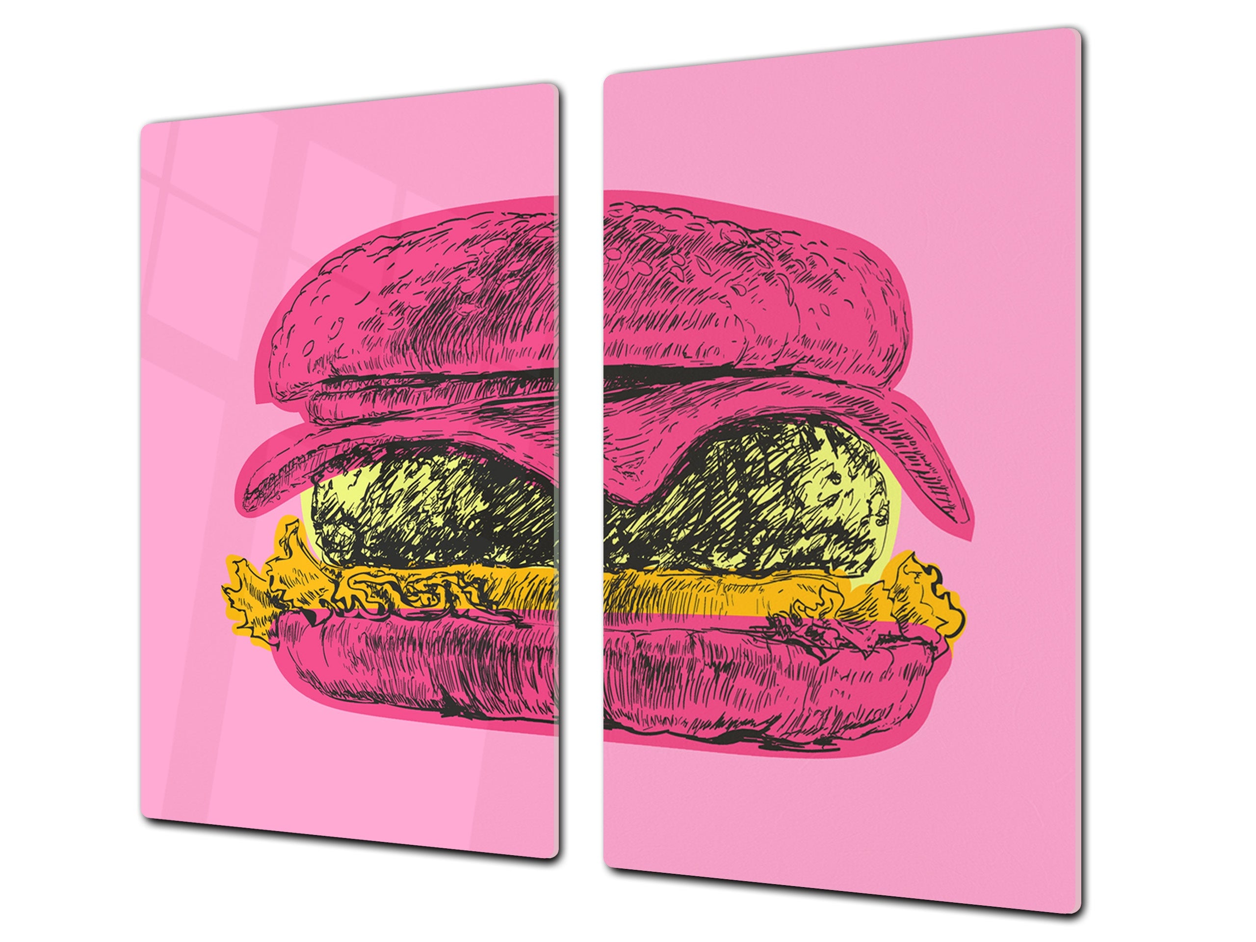 KITCHEN BOARD & Induction Cooktop Cover – Glass Pastry Board - Tempered Glass Chopping Board and Serving Tray – DIMENSIONS: SINGLE: 23,62” x 20,47”; DOUBLE: 11,81” x 20,47” – D44 Pop Art Series : Pop Art Burger 6