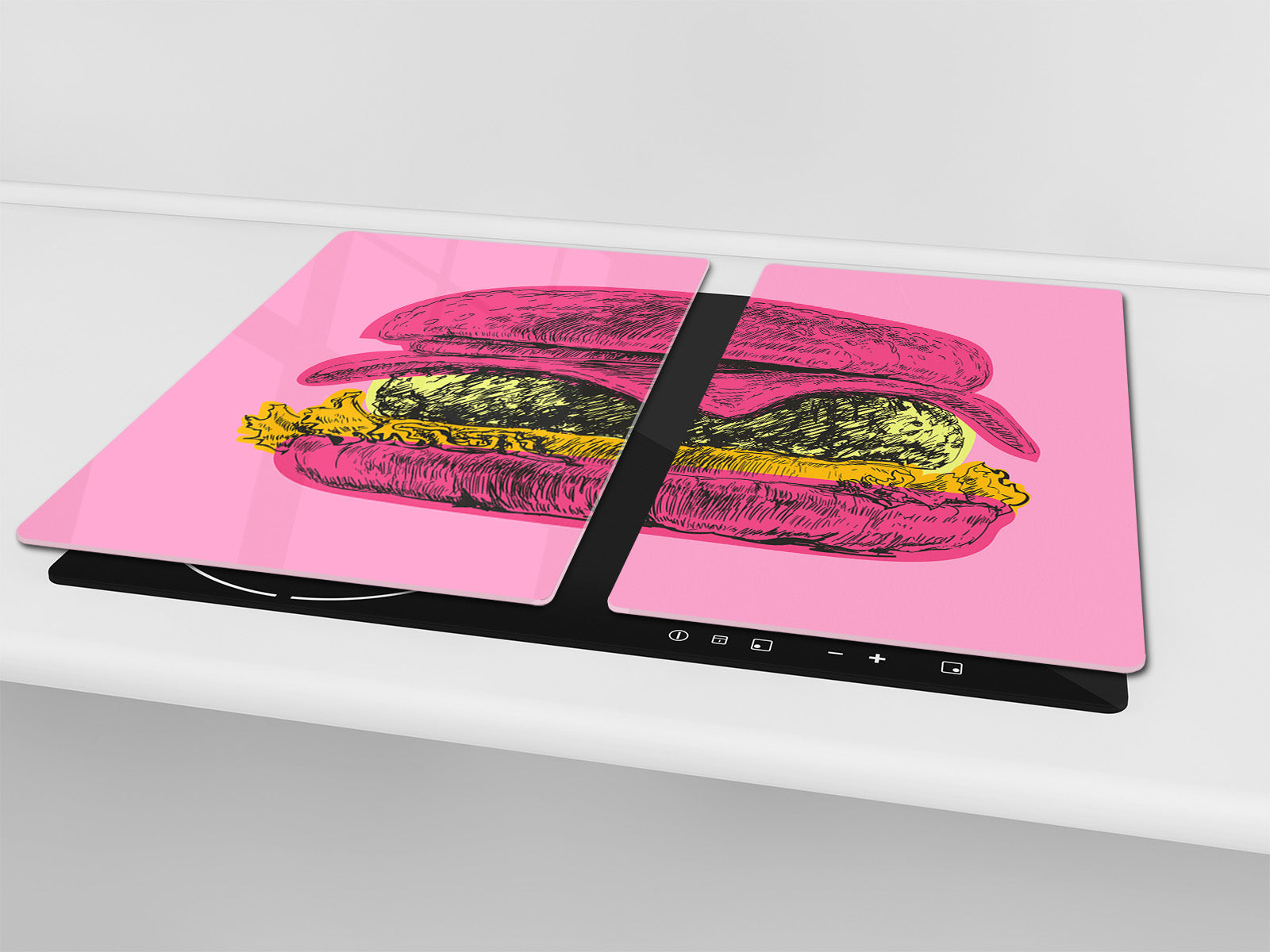 KITCHEN BOARD & Induction Cooktop Cover – Glass Pastry Board - Tempered Glass Chopping Board and Serving Tray – DIMENSIONS: SINGLE: 23,62” x 20,47”; DOUBLE: 11,81” x 20,47” – D44 Pop Art Series : Pop Art Burger 6