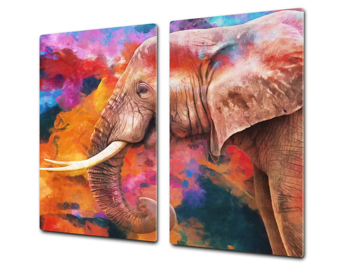 Induction Cooktop Cover Kitchen Board – Impact Resistant Glass Pastry Board; MEASURES: SINGLE: 60 x 52 cm (23,62” x 20,47”); DOUBLE: 30 x 52 cm (11,81” x 20,47”); D37 Animals Series : Colourful elephant
