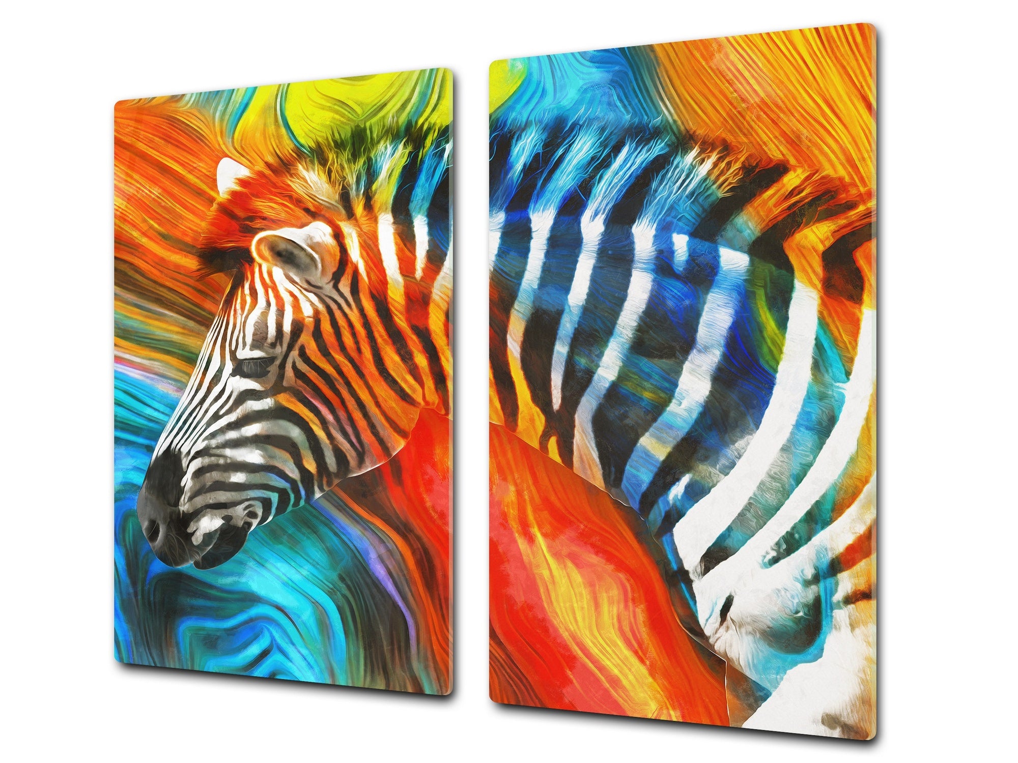 Induction Cooktop Cover Kitchen Board – Impact Resistant Glass Pastry Board; MEASURES: SINGLE: 60 x 52 cm (23,62” x 20,47”); DOUBLE: 30 x 52 cm (11,81” x 20,47”); D37 Animals Series : Colourful zebra