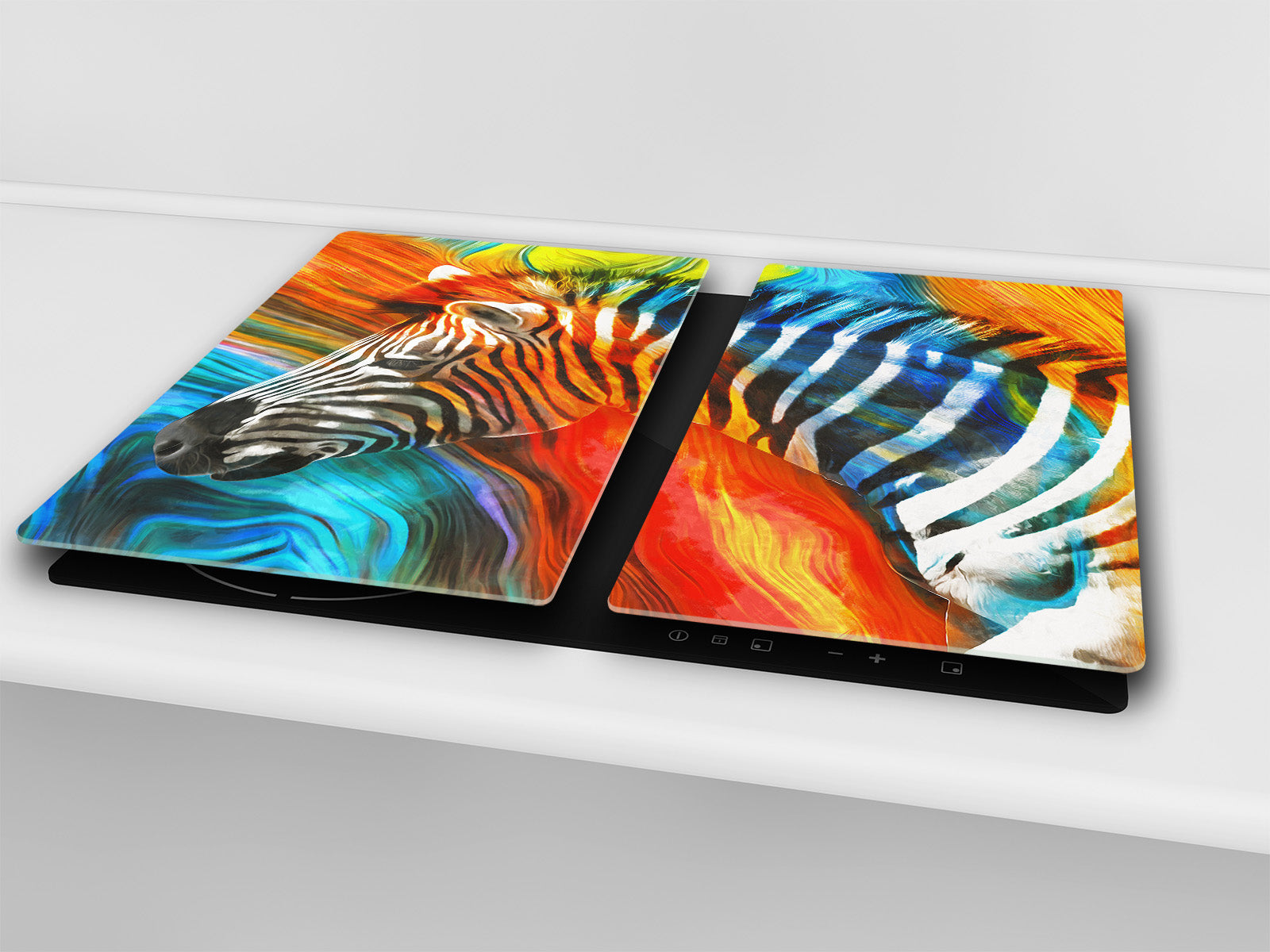 Induction Cooktop Cover Kitchen Board – Impact Resistant Glass Pastry Board; MEASURES: SINGLE: 60 x 52 cm (23,62” x 20,47”); DOUBLE: 30 x 52 cm (11,81” x 20,47”); D37 Animals Series : Colourful zebra