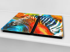 Induction Cooktop Cover Kitchen Board – Impact Resistant Glass Pastry Board; MEASURES: SINGLE: 60 x 52 cm (23,62” x 20,47”); DOUBLE: 30 x 52 cm (11,81” x 20,47”); D37 Animals Series : Colourful zebra
