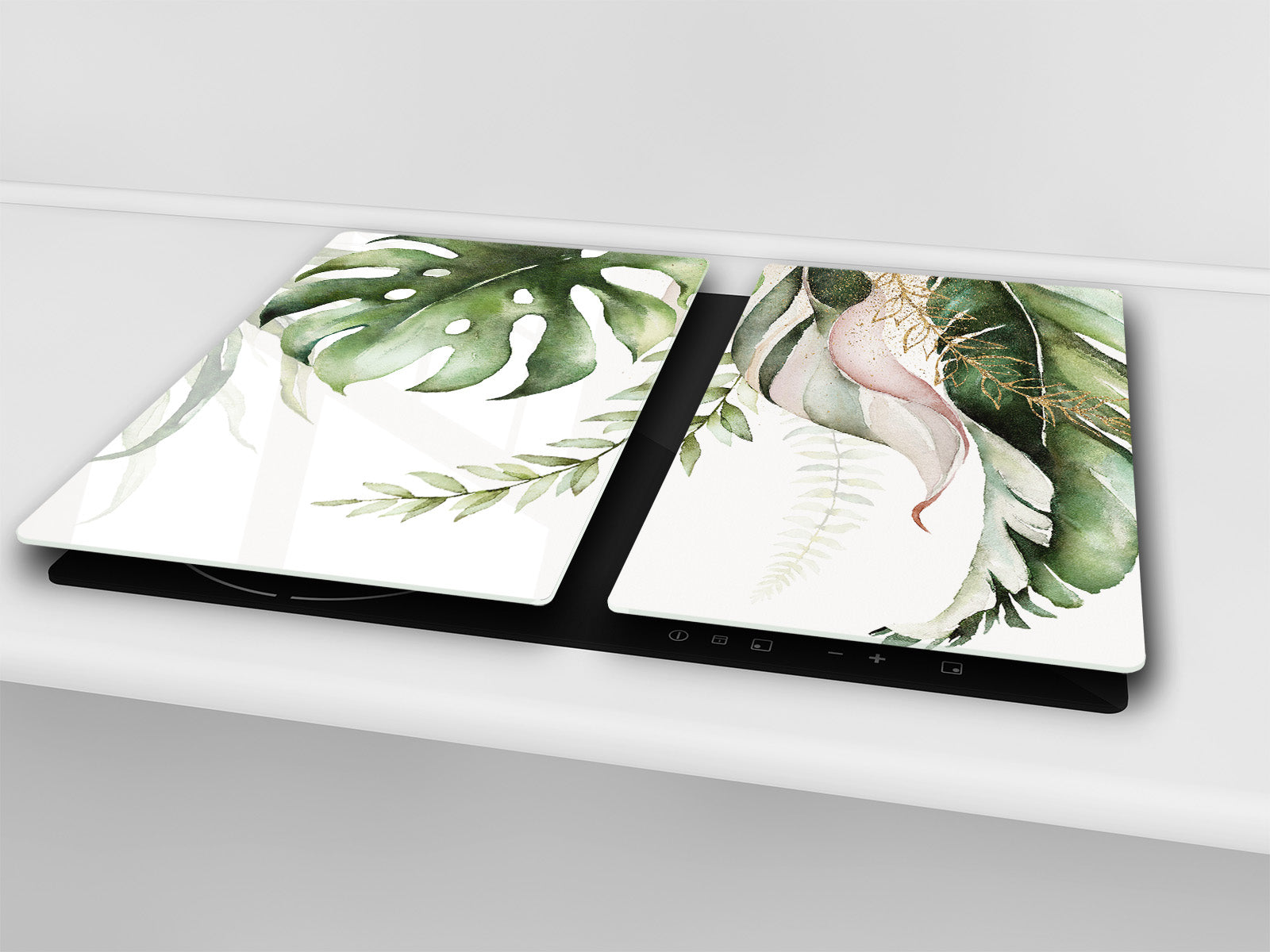 Tempered GLASS Cutting Board – Worktop saver and Pastry Board –- Glass Kitchen Board; MEASURES: SINGLE: 60 x 52 cm (23,62” x 20,47”); DOUBLE: 30 x 52 cm (11,81” x 20,47”); D34 Nature Series: Tropical watercolour