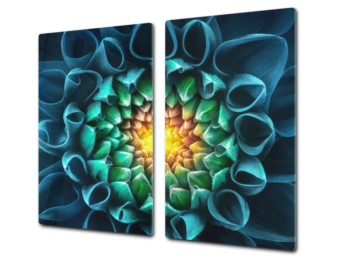 Tempered GLASS Cutting Board – Worktop saver and Pastry Board –- Glass Kitchen Board; MEASURES: SINGLE: 60 x 52 cm (23,62” x 20,47”); DOUBLE: 30 x 52 cm (11,81” x 20,47”); D34 Nature Series: Blue-green flower