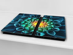 Tempered GLASS Cutting Board – Worktop saver and Pastry Board –- Glass Kitchen Board; MEASURES: SINGLE: 60 x 52 cm (23,62” x 20,47”); DOUBLE: 30 x 52 cm (11,81” x 20,47”); D34 Nature Series: Blue-green flower