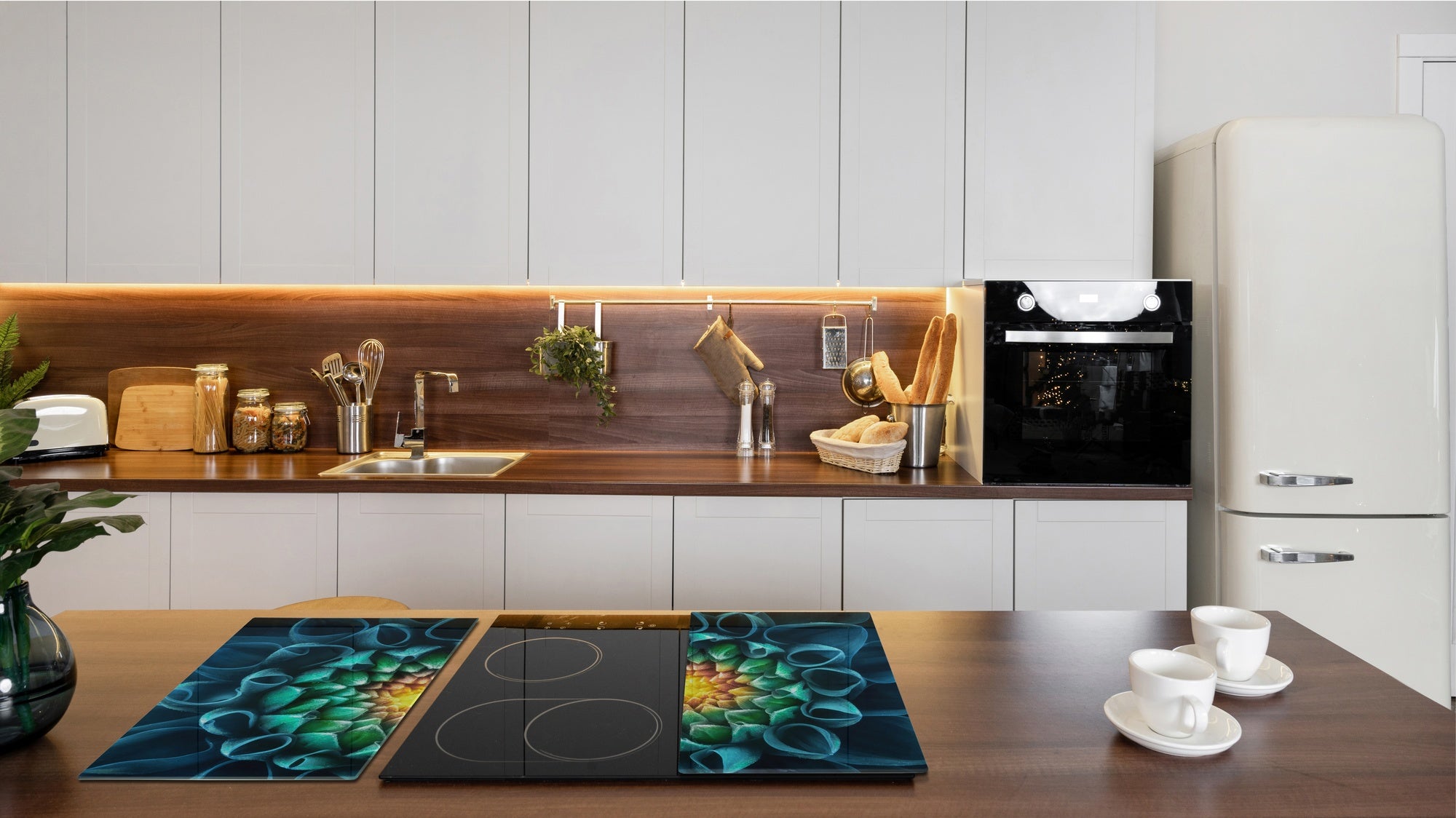 Tempered GLASS Cutting Board – Worktop saver and Pastry Board –- Glass Kitchen Board; MEASURES: SINGLE: 60 x 52 cm (23,62” x 20,47”); DOUBLE: 30 x 52 cm (11,81” x 20,47”); D34 Nature Series: Blue-green flower