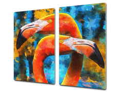 Induction Cooktop Cover Kitchen Board – Impact Resistant Glass Pastry Board; MEASURES: SINGLE: 60 x 52 cm (23,62” x 20,47”); DOUBLE: 30 x 52 cm (11,81” x 20,47”); D37 Animals Series : Colourful flamingos