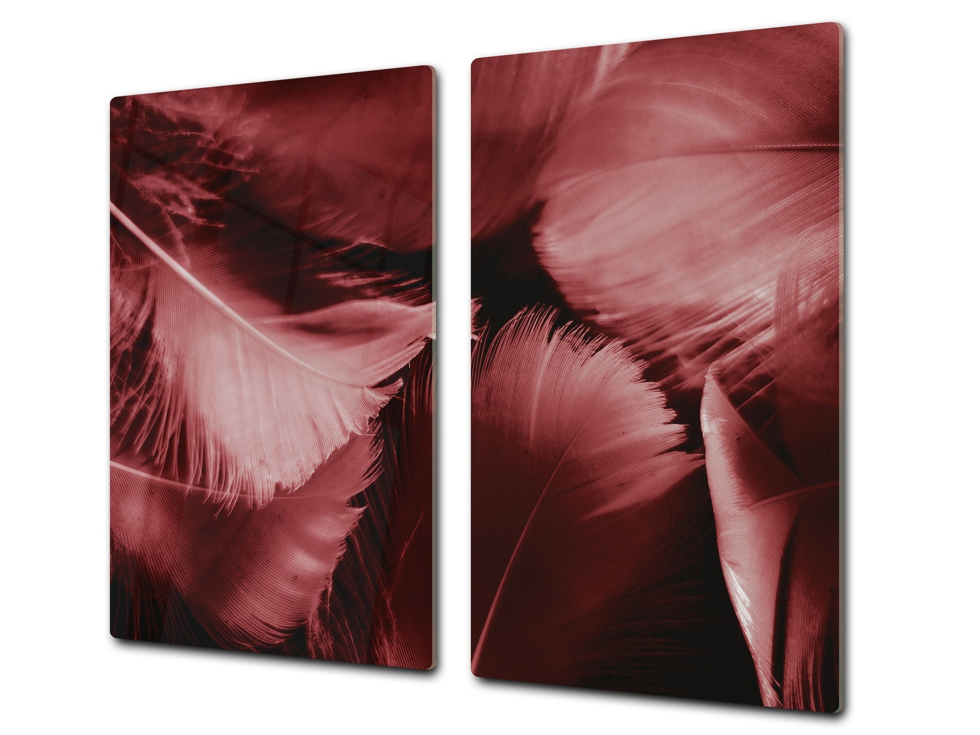 TEMPERED GLASS CHOPPING BOARD – Glass Cutting Board and Worktop Saver; MEASURES: SINGLE: 60 x 52 cm (23,62” x 20,47”); DOUBLE: 30 x 52 cm (11,81” x 20,47”); D36 Textures Series : White and red feathers