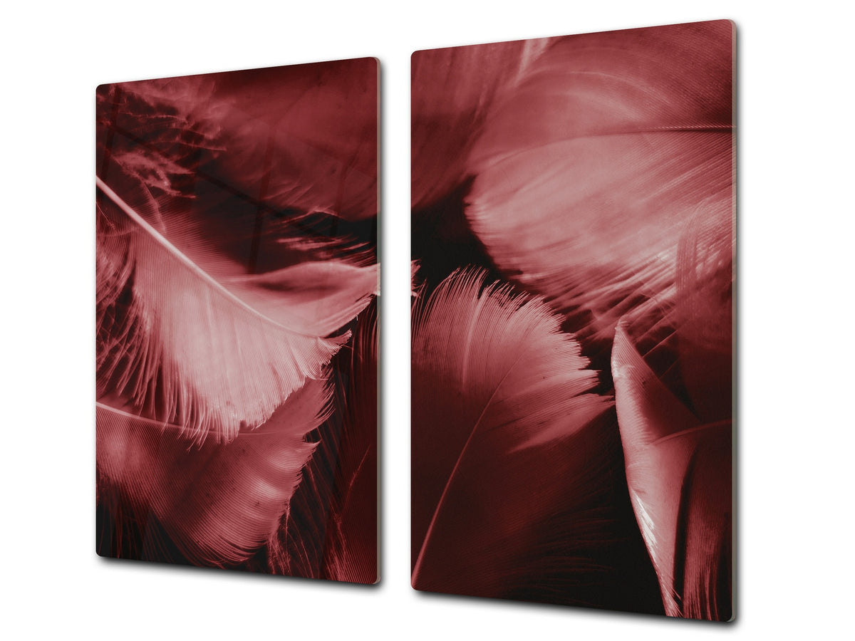 TEMPERED GLASS CHOPPING BOARD – Glass Cutting Board and Worktop Saver; MEASURES: SINGLE: 60 x 52 cm (23,62” x 20,47”); DOUBLE: 30 x 52 cm (11,81” x 20,47”); D36 Textures Series : White and red feathers