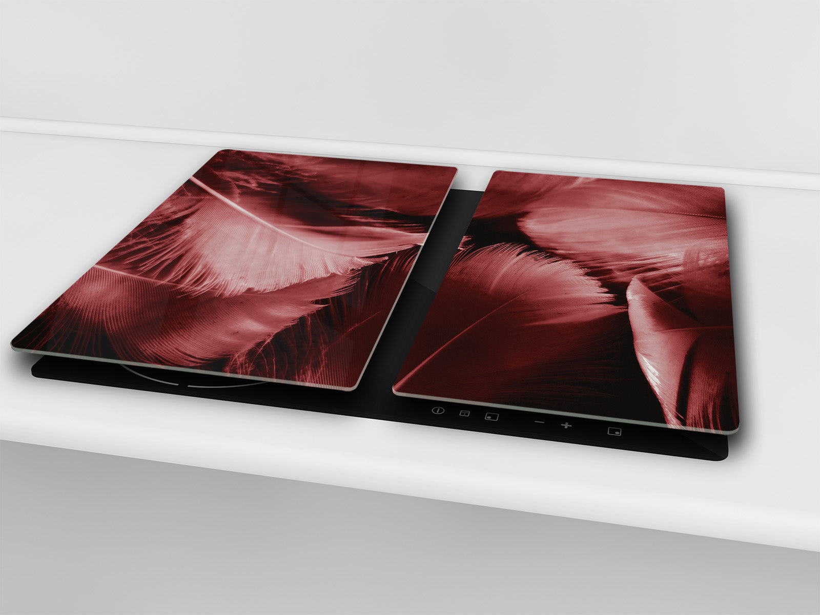 TEMPERED GLASS CHOPPING BOARD – Glass Cutting Board and Worktop Saver; MEASURES: SINGLE: 60 x 52 cm (23,62” x 20,47”); DOUBLE: 30 x 52 cm (11,81” x 20,47”); D36 Textures Series : White and red feathers