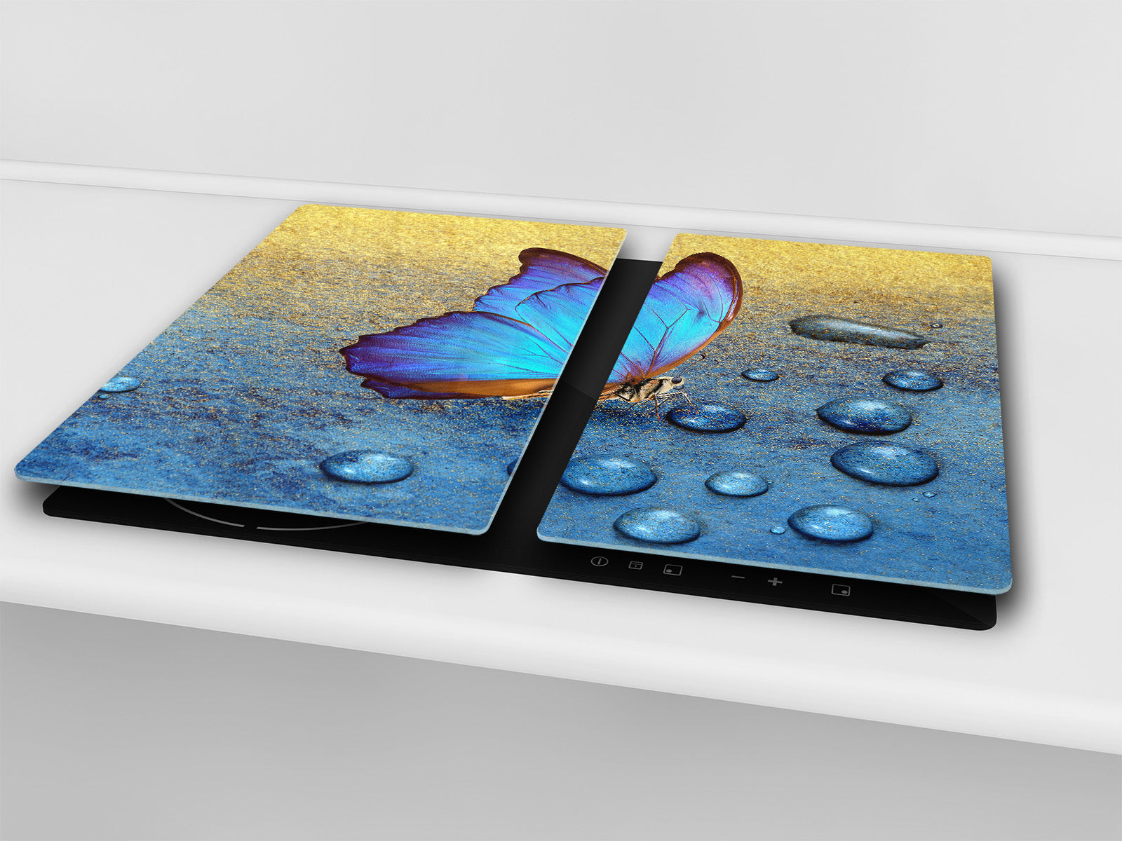 Induction Cooktop Cover Kitchen Board – Impact Resistant Glass Pastry Board; MEASURES: SINGLE: 60 x 52 cm (23,62” x 20,47”); DOUBLE: 30 x 52 cm (11,81” x 20,47”); D37 Animals Series : Tropical butterfly 2