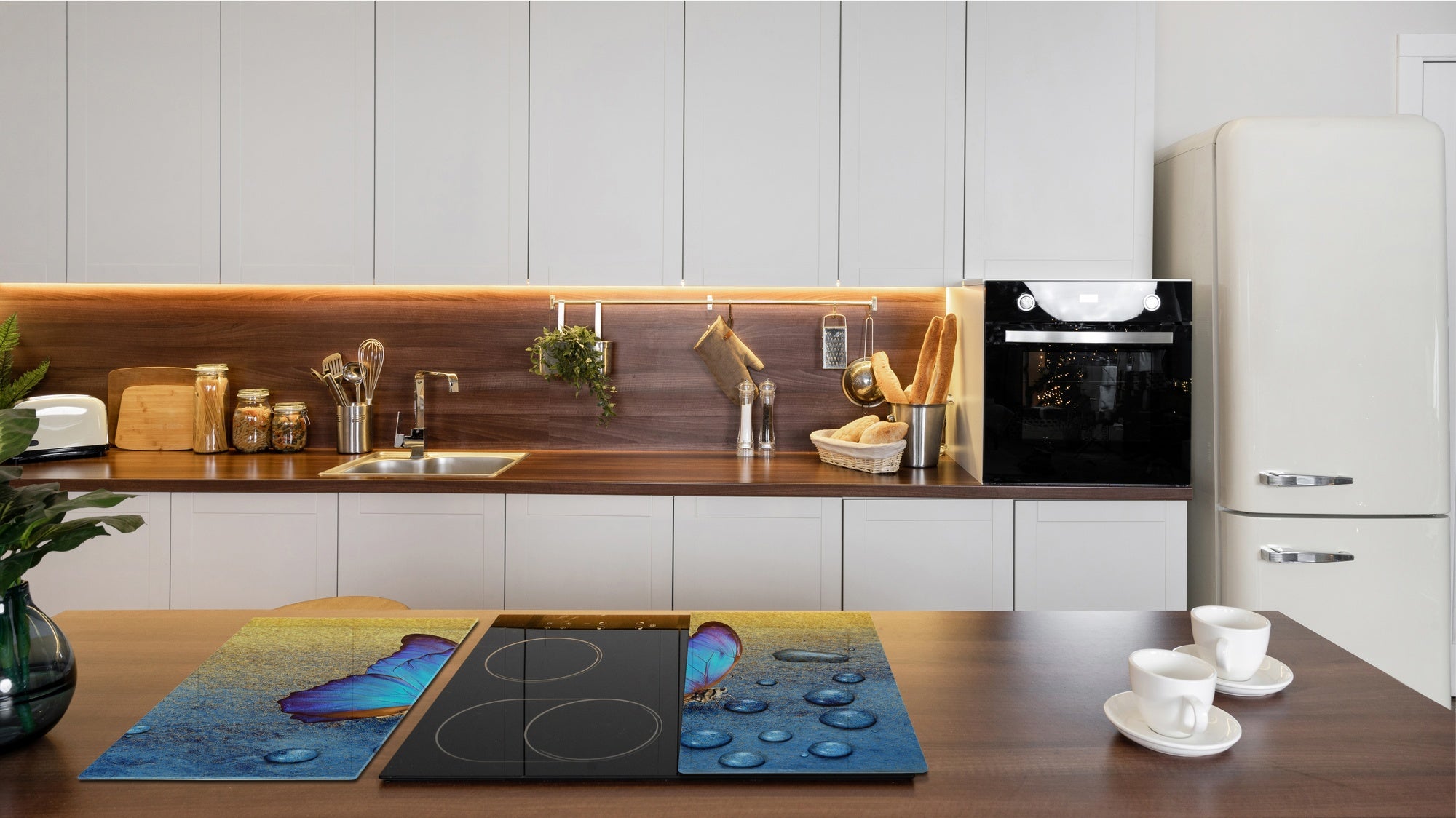 Induction Cooktop Cover Kitchen Board – Impact Resistant Glass Pastry Board; MEASURES: SINGLE: 60 x 52 cm (23,62” x 20,47”); DOUBLE: 30 x 52 cm (11,81” x 20,47”); D37 Animals Series : Tropical butterfly 2