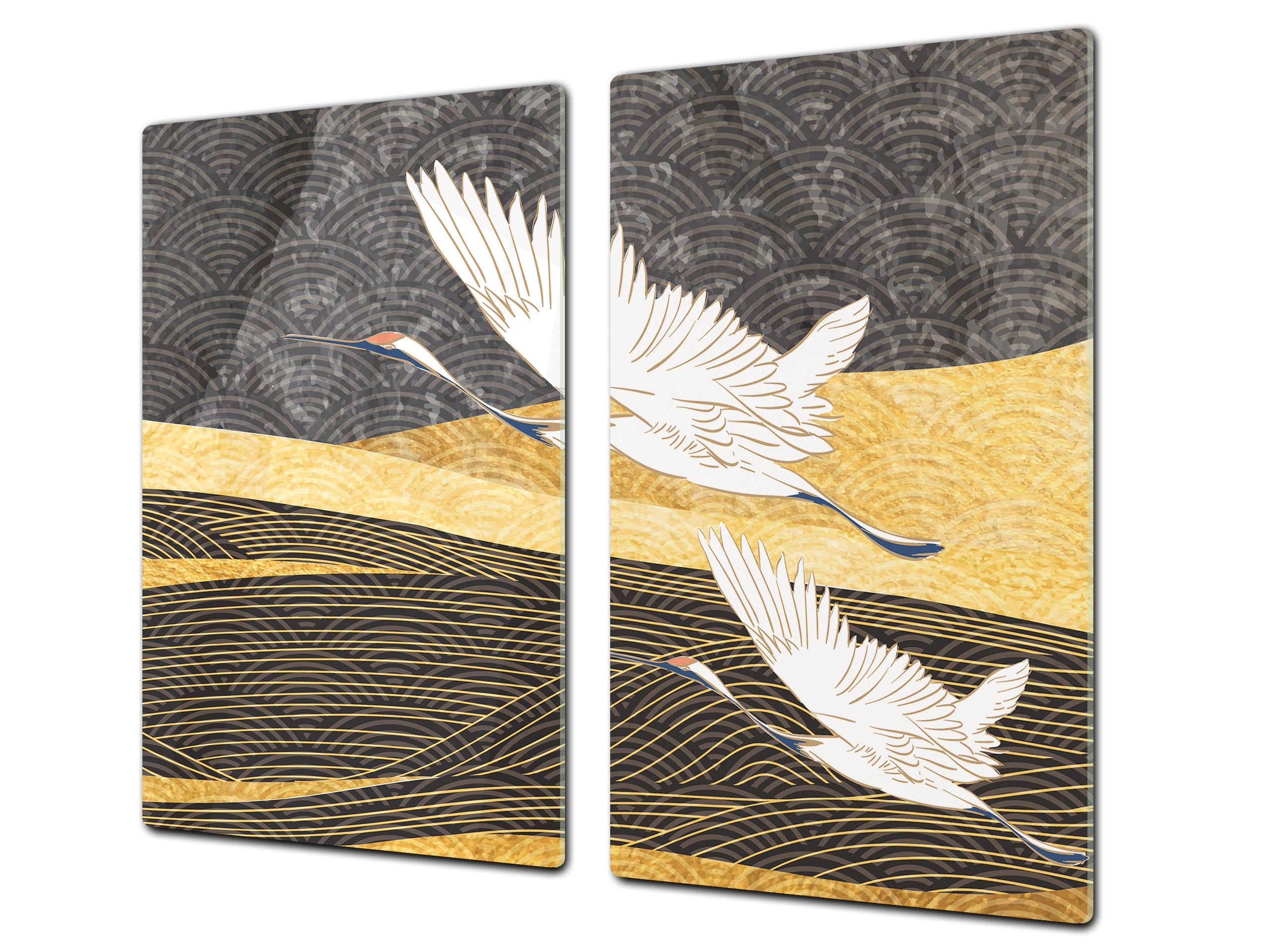 Tempered Glass Multi-Function Board: Cooktop Cover, Pastry and Hot Pot Stand and Worktop Saver – MEASURES: SINGLE: 60 x 52 cm; DOUBLE: 2 x 30 x 52 cm; D43 Abstract Concepts Series 2 : Japanese Crane Birds