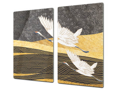 Tempered Glass Multi-Function Board: Cooktop Cover, Pastry and Hot Pot Stand and Worktop Saver – MEASURES: SINGLE: 60 x 52 cm; DOUBLE: 2 x 30 x 52 cm; D43 Abstract Concepts Series 2 : Japanese Crane Birds