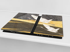 Tempered Glass Multi-Function Board: Cooktop Cover, Pastry and Hot Pot Stand and Worktop Saver – MEASURES: SINGLE: 60 x 52 cm; DOUBLE: 2 x 30 x 52 cm; D43 Abstract Concepts Series 2 : Japanese Crane Birds