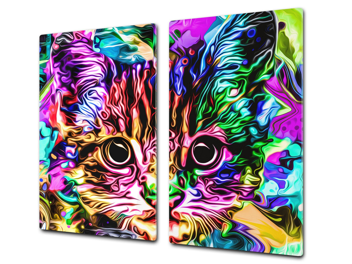 Induction Cooktop Cover Kitchen Board – Impact Resistant Glass Pastry Board; MEASURES: SINGLE: 60 x 52 cm (23,62” x 20,47”); DOUBLE: 30 x 52 cm (11,81” x 20,47”); D37 Animals Series : Colourful cat