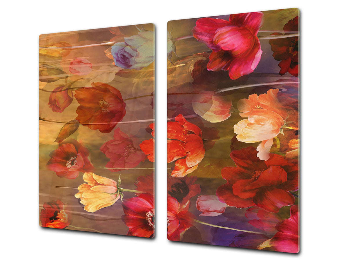 Tempered GLASS Cutting Board – Worktop saver and Pastry Board –- Glass Kitchen Board; MEASURES: SINGLE: 60 x 52 cm (23,62” x 20,47”); DOUBLE: 30 x 52 cm (11,81” x 20,47”); D34 Nature Series: Horizontal flowers