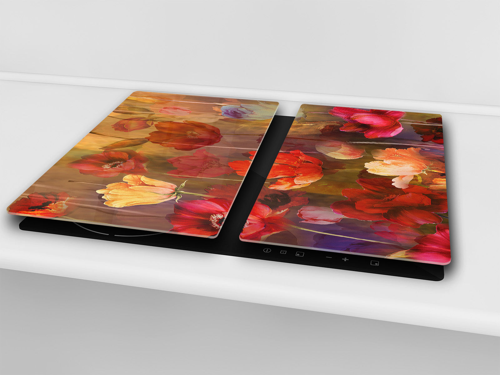 Tempered GLASS Cutting Board – Worktop saver and Pastry Board –- Glass Kitchen Board; MEASURES: SINGLE: 60 x 52 cm (23,62” x 20,47”); DOUBLE: 30 x 52 cm (11,81” x 20,47”); D34 Nature Series: Horizontal flowers
