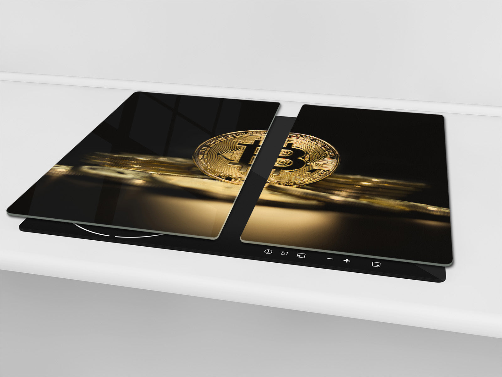 Chopping Board - Induction Cooktop Cover - Glass Cutting Board – Impact & Shatter Resistant – MEASURES: SINGLE: 60 x 52 cm; DOUBLE: 2 x 30 x 52 cm; D42 Modern Art Series : Physical Bitcoin