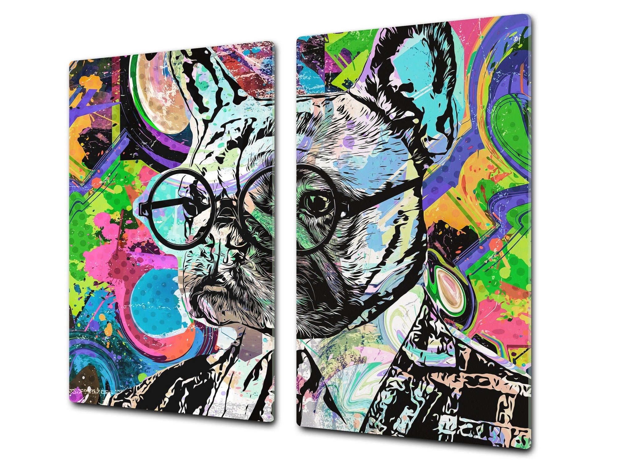 Induction Cooktop Cover Kitchen Board – Impact Resistant Glass Pastry Board; MEASURES: SINGLE: 60 x 52 cm (23,62” x 20,47”); DOUBLE: 30 x 52 cm (11,81” x 20,47”); D37 Animals Series : Colourful bulldog
