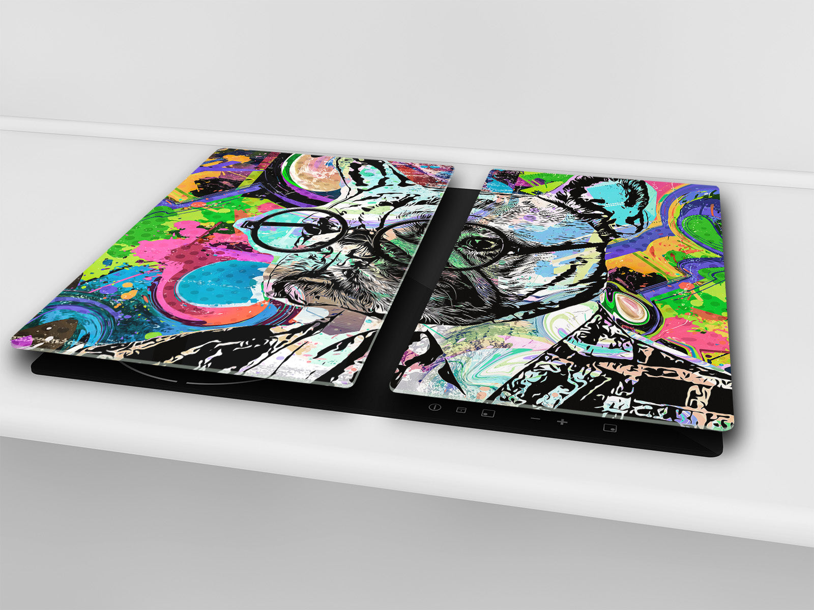 Induction Cooktop Cover Kitchen Board – Impact Resistant Glass Pastry Board; MEASURES: SINGLE: 60 x 52 cm (23,62” x 20,47”); DOUBLE: 30 x 52 cm (11,81” x 20,47”); D37 Animals Series : Colourful bulldog