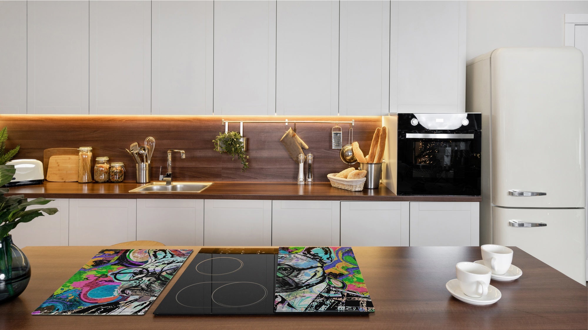 Induction Cooktop Cover Kitchen Board – Impact Resistant Glass Pastry Board; MEASURES: SINGLE: 60 x 52 cm (23,62” x 20,47”); DOUBLE: 30 x 52 cm (11,81” x 20,47”); D37 Animals Series : Colourful bulldog