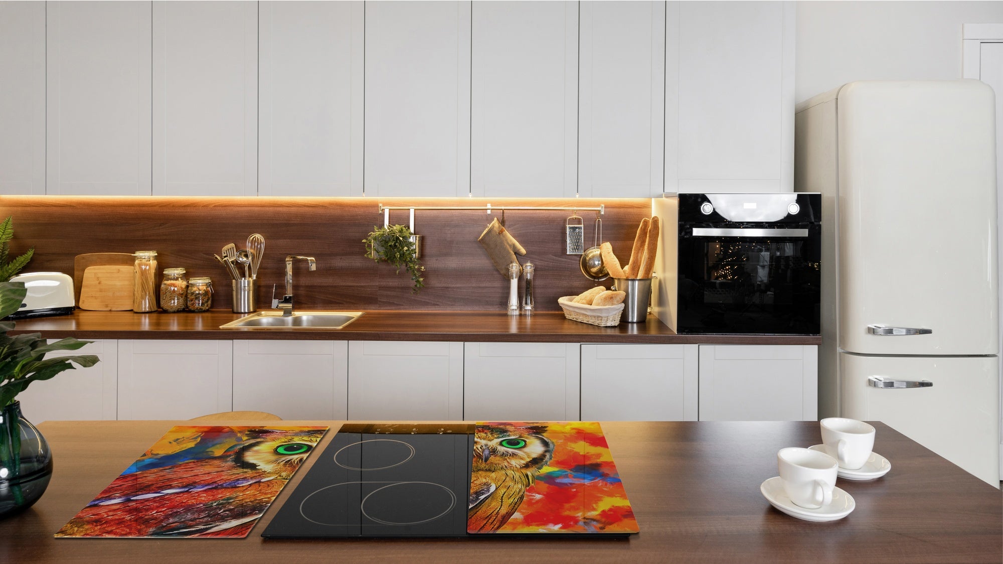 Induction Cooktop Cover Kitchen Board – Impact Resistant Glass Pastry Board; MEASURES: SINGLE: 60 x 52 cm (23,62” x 20,47”); DOUBLE: 30 x 52 cm (11,81” x 20,47”); D37 Animals Series : Colourful owl