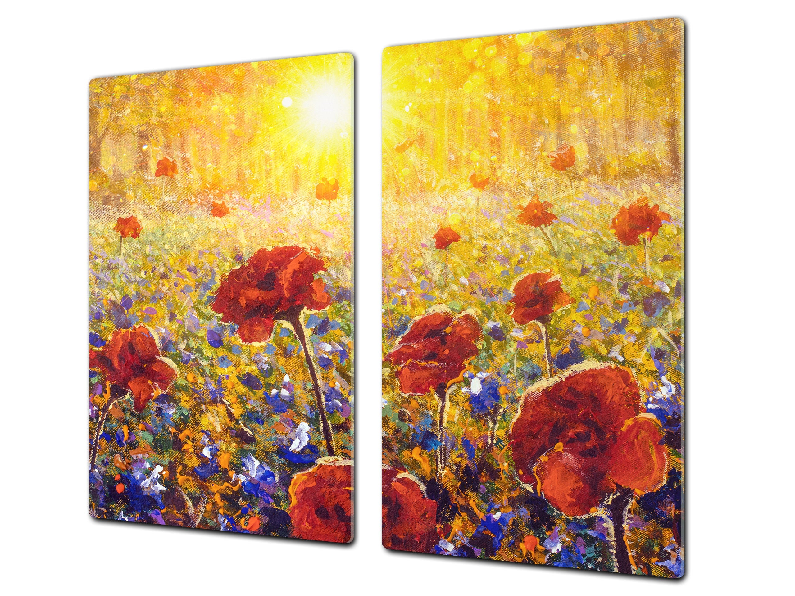 Premium Tempered Glass Cutting Board and Worktop Saver – Glass Pastry Board and Cooktop Cover – MEASURES: SINGLE: 60 x 52 cm; DOUBLE: 2 x 30 x 52 cm; D40 Colorful Illustrations Series : Impressionist Poppy Field
