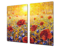 Premium Tempered Glass Cutting Board and Worktop Saver – Glass Pastry Board and Cooktop Cover – MEASURES: SINGLE: 60 x 52 cm; DOUBLE: 2 x 30 x 52 cm; D40 Colorful Illustrations Series : Impressionist Poppy Field