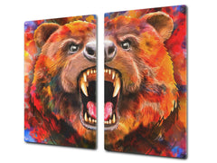 Induction Cooktop Cover Kitchen Board – Impact Resistant Glass Pastry Board; MEASURES: SINGLE: 60 x 52 cm (23,62” x 20,47”); DOUBLE: 30 x 52 cm (11,81” x 20,47”); D37 Animals Series : Colourful bear