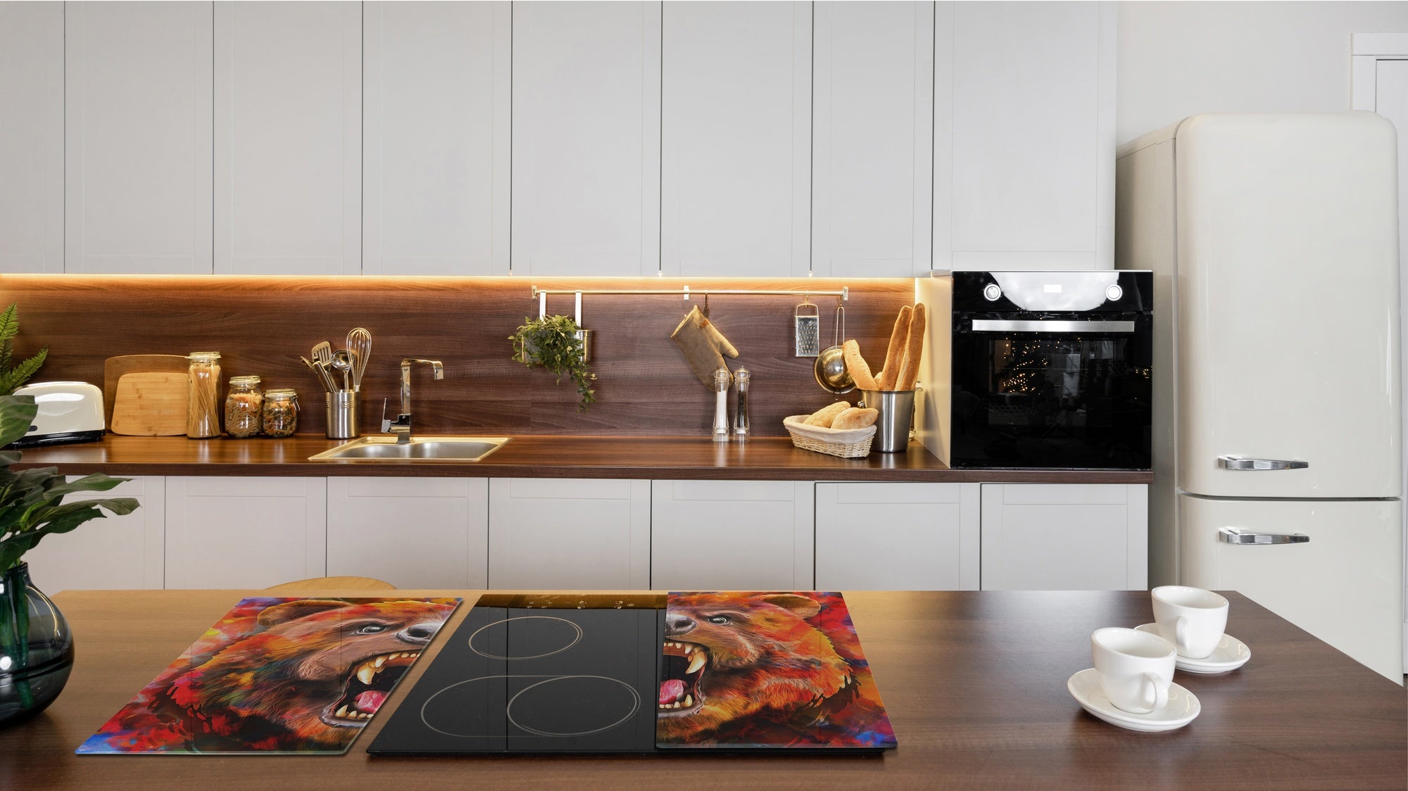 Induction Cooktop Cover Kitchen Board – Impact Resistant Glass Pastry Board; MEASURES: SINGLE: 60 x 52 cm (23,62” x 20,47”); DOUBLE: 30 x 52 cm (11,81” x 20,47”); D37 Animals Series : Colourful bear