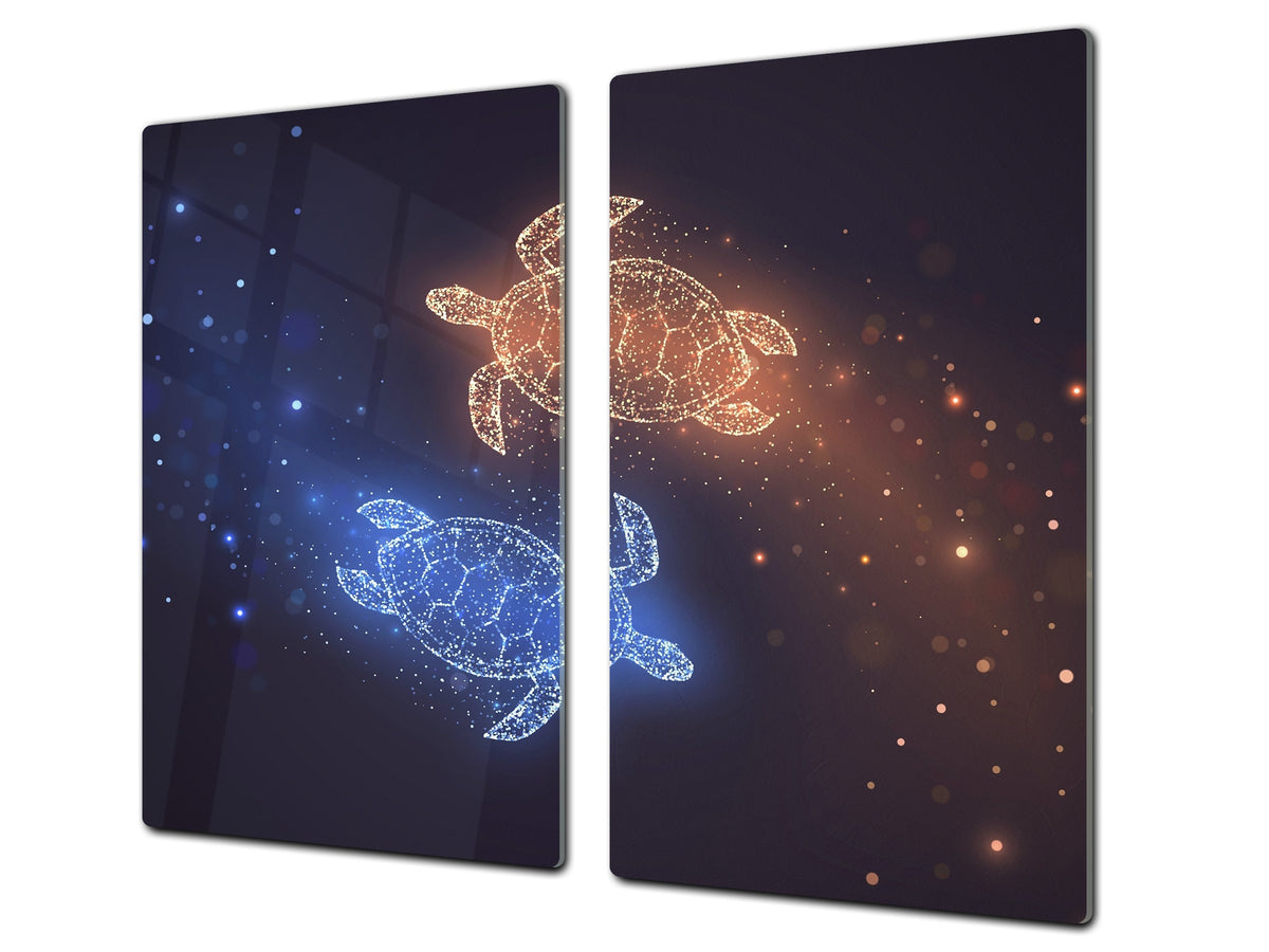 Chopping Board - Induction Cooktop Cover - Glass Cutting Board – Impact & Shatter Resistant – MEASURES: SINGLE: 60 x 52 cm; DOUBLE: 2 x 30 x 52 cm; D42 Modern Art Series : Neon Turtles