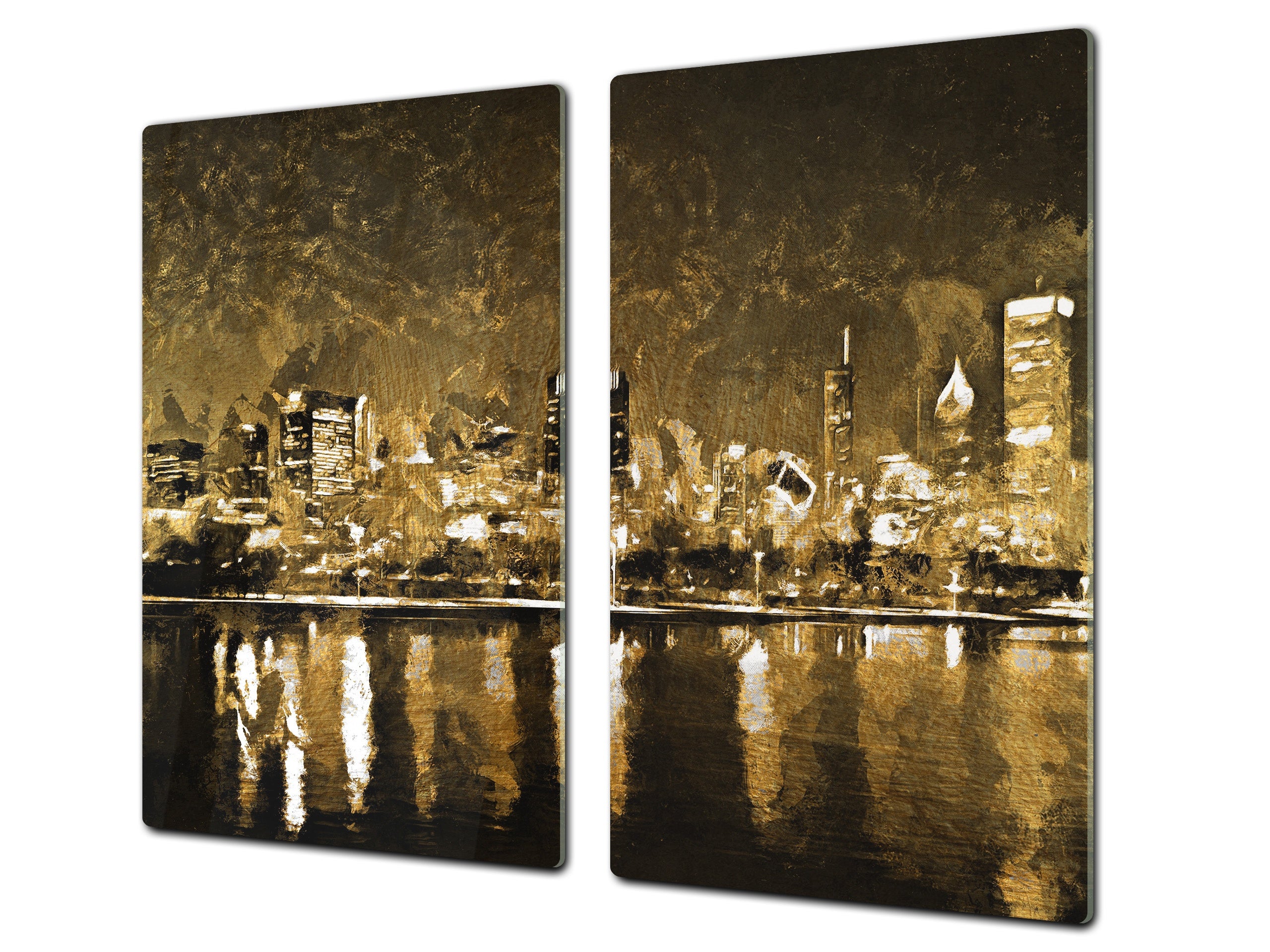 Tempered Glass Multi-Function Board: Cooktop Cover, Pastry and Hot Pot Stand and Worktop Saver – MEASURES: SINGLE: 60 x 52 cm; DOUBLE: 2 x 30 x 52 cm; D43 Abstract Concepts Series 2 : Golden City Landscape
