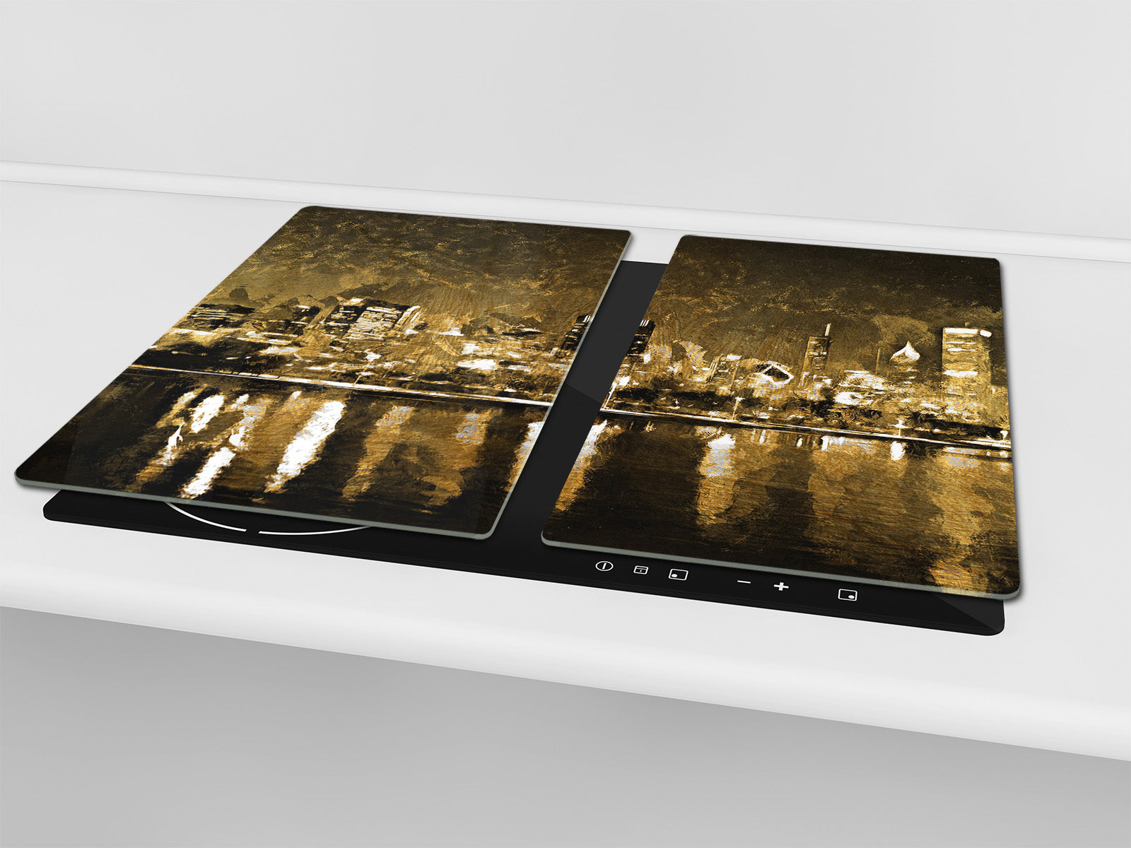 Tempered Glass Multi-Function Board: Cooktop Cover, Pastry and Hot Pot Stand and Worktop Saver – MEASURES: SINGLE: 60 x 52 cm; DOUBLE: 2 x 30 x 52 cm; D43 Abstract Concepts Series 2 : Golden City Landscape