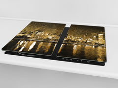 Tempered Glass Multi-Function Board: Cooktop Cover, Pastry and Hot Pot Stand and Worktop Saver – MEASURES: SINGLE: 60 x 52 cm; DOUBLE: 2 x 30 x 52 cm; D43 Abstract Concepts Series 2 : Golden City Landscape