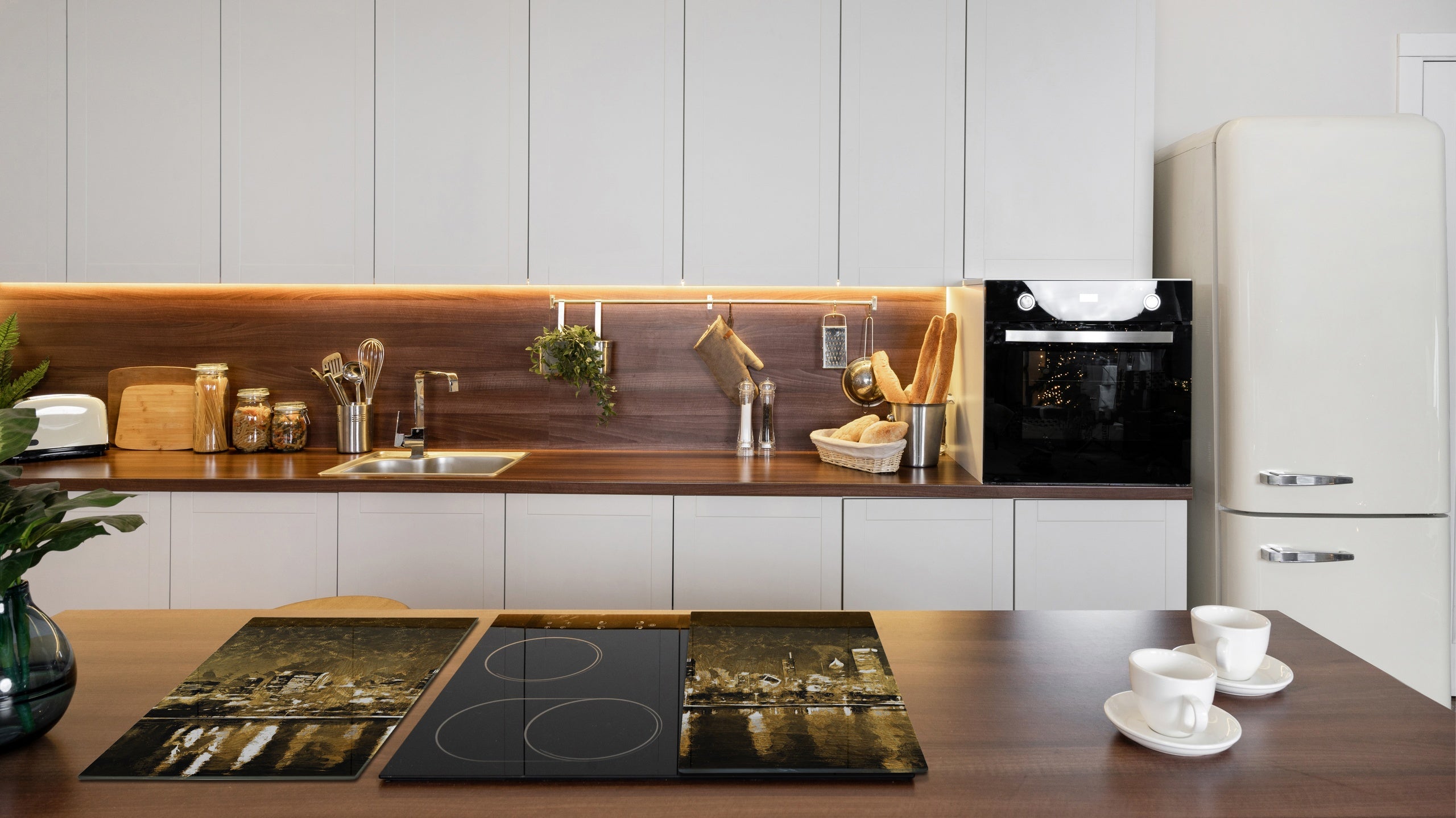 Tempered Glass Multi-Function Board: Cooktop Cover, Pastry and Hot Pot Stand and Worktop Saver – MEASURES: SINGLE: 60 x 52 cm; DOUBLE: 2 x 30 x 52 cm; D43 Abstract Concepts Series 2 : Golden City Landscape