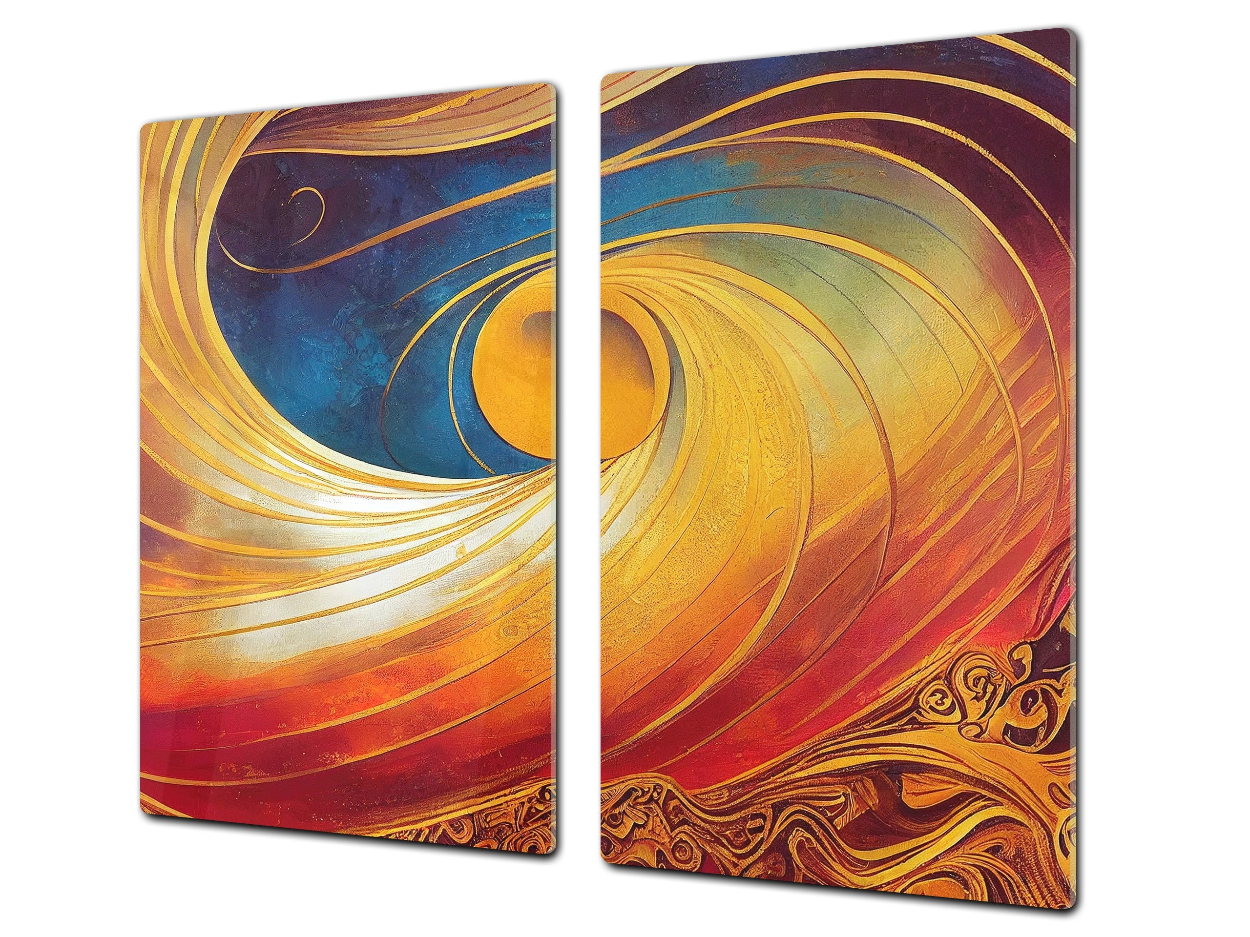 Tempered Glass Multi-Function Board: Cooktop Cover, Pastry and Hot Pot Stand and Worktop Saver – MEASURES: SINGLE: 60 x 52 cm; DOUBLE: 2 x 30 x 52 cm; D43 Abstract Concepts Series 2 : Golden Whirlwind