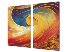 Tempered Glass Multi-Function Board: Cooktop Cover, Pastry and Hot Pot Stand and Worktop Saver – MEASURES: SINGLE: 60 x 52 cm; DOUBLE: 2 x 30 x 52 cm; D43 Abstract Concepts Series 2 : Golden Whirlwind