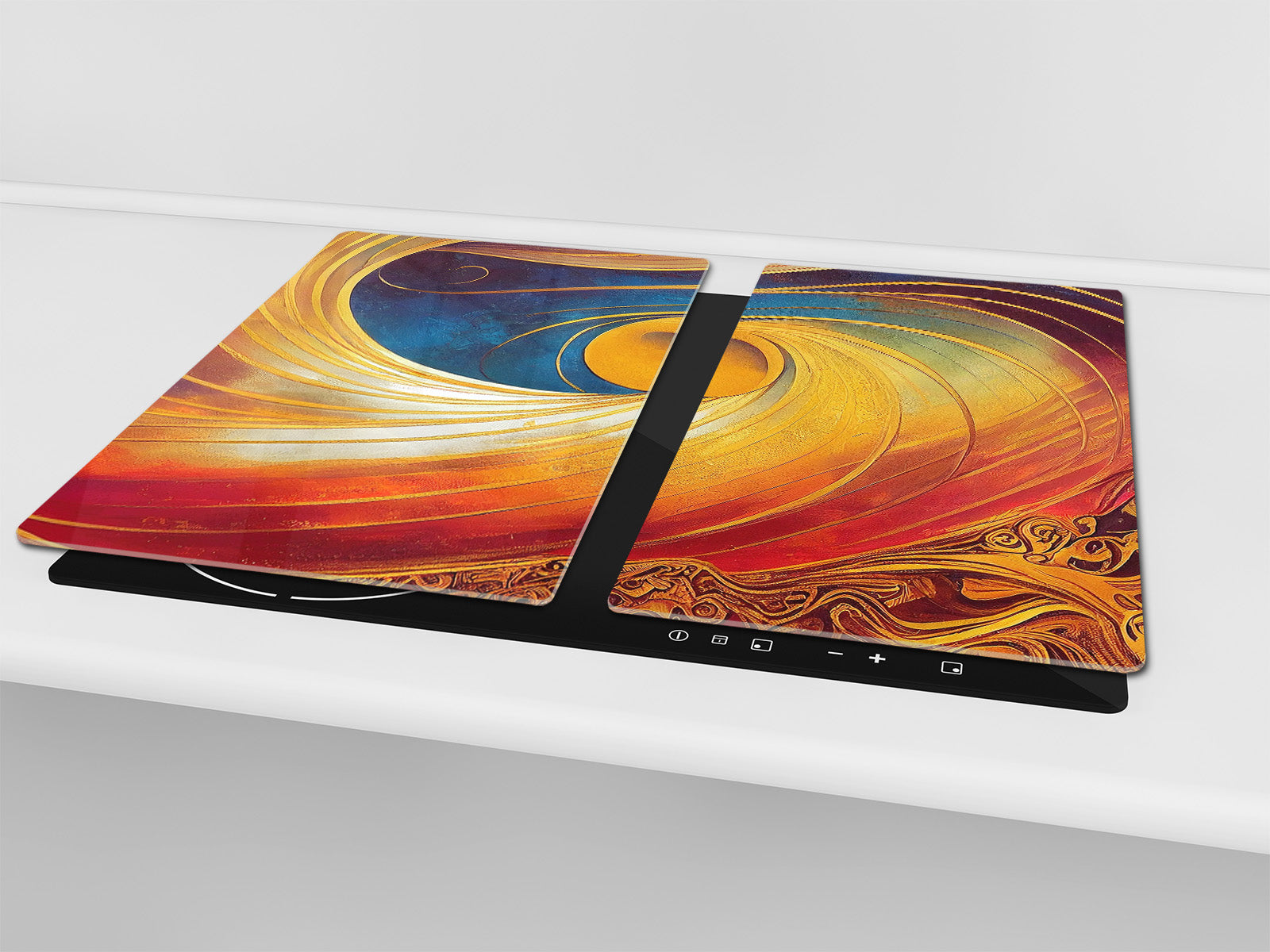 Tempered Glass Multi-Function Board: Cooktop Cover, Pastry and Hot Pot Stand and Worktop Saver – MEASURES: SINGLE: 60 x 52 cm; DOUBLE: 2 x 30 x 52 cm; D43 Abstract Concepts Series 2 : Golden Whirlwind