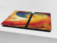 Tempered Glass Multi-Function Board: Cooktop Cover, Pastry and Hot Pot Stand and Worktop Saver – MEASURES: SINGLE: 60 x 52 cm; DOUBLE: 2 x 30 x 52 cm; D43 Abstract Concepts Series 2 : Golden Whirlwind