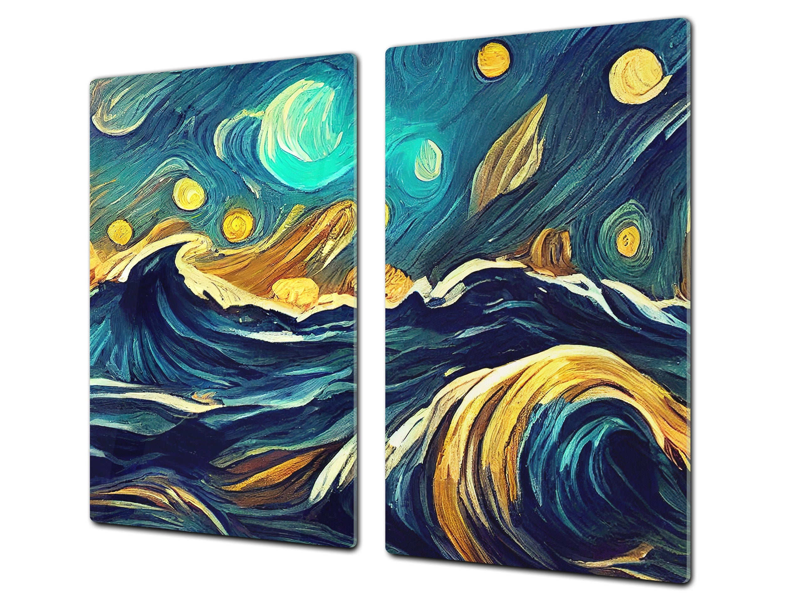 Tempered Glass Multi-Function Board: Cooktop Cover, Pastry and Hot Pot Stand and Worktop Saver – MEASURES: SINGLE: 60 x 52 cm; DOUBLE: 2 x 30 x 52 cm; D43 Abstract Concepts Series 2 : Moonlit Ocean