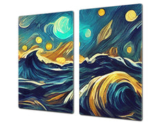 Tempered Glass Multi-Function Board: Cooktop Cover, Pastry and Hot Pot Stand and Worktop Saver – MEASURES: SINGLE: 60 x 52 cm; DOUBLE: 2 x 30 x 52 cm; D43 Abstract Concepts Series 2 : Moonlit Ocean