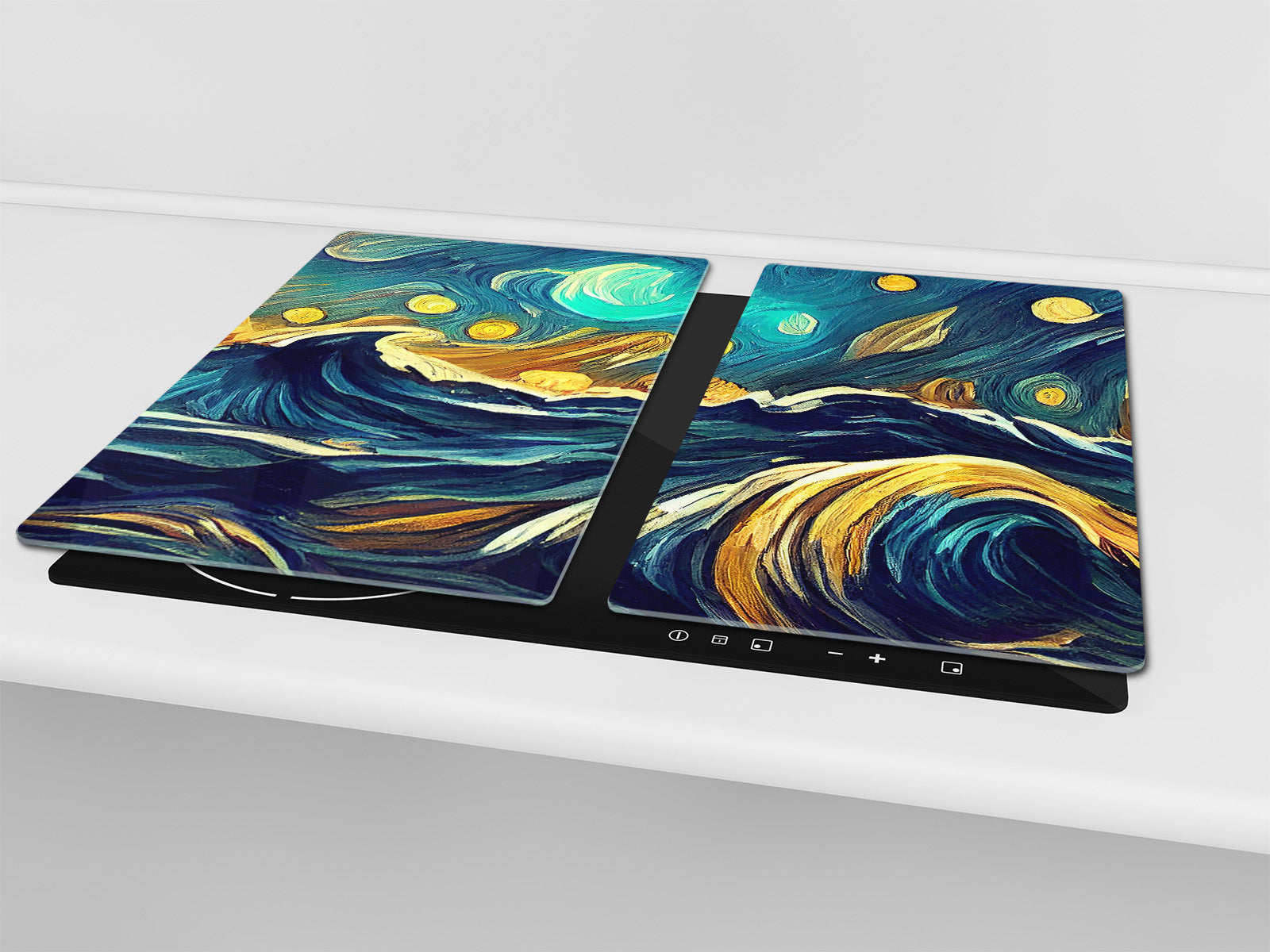 Tempered Glass Multi-Function Board: Cooktop Cover, Pastry and Hot Pot Stand and Worktop Saver – MEASURES: SINGLE: 60 x 52 cm; DOUBLE: 2 x 30 x 52 cm; D43 Abstract Concepts Series 2 : Moonlit Ocean