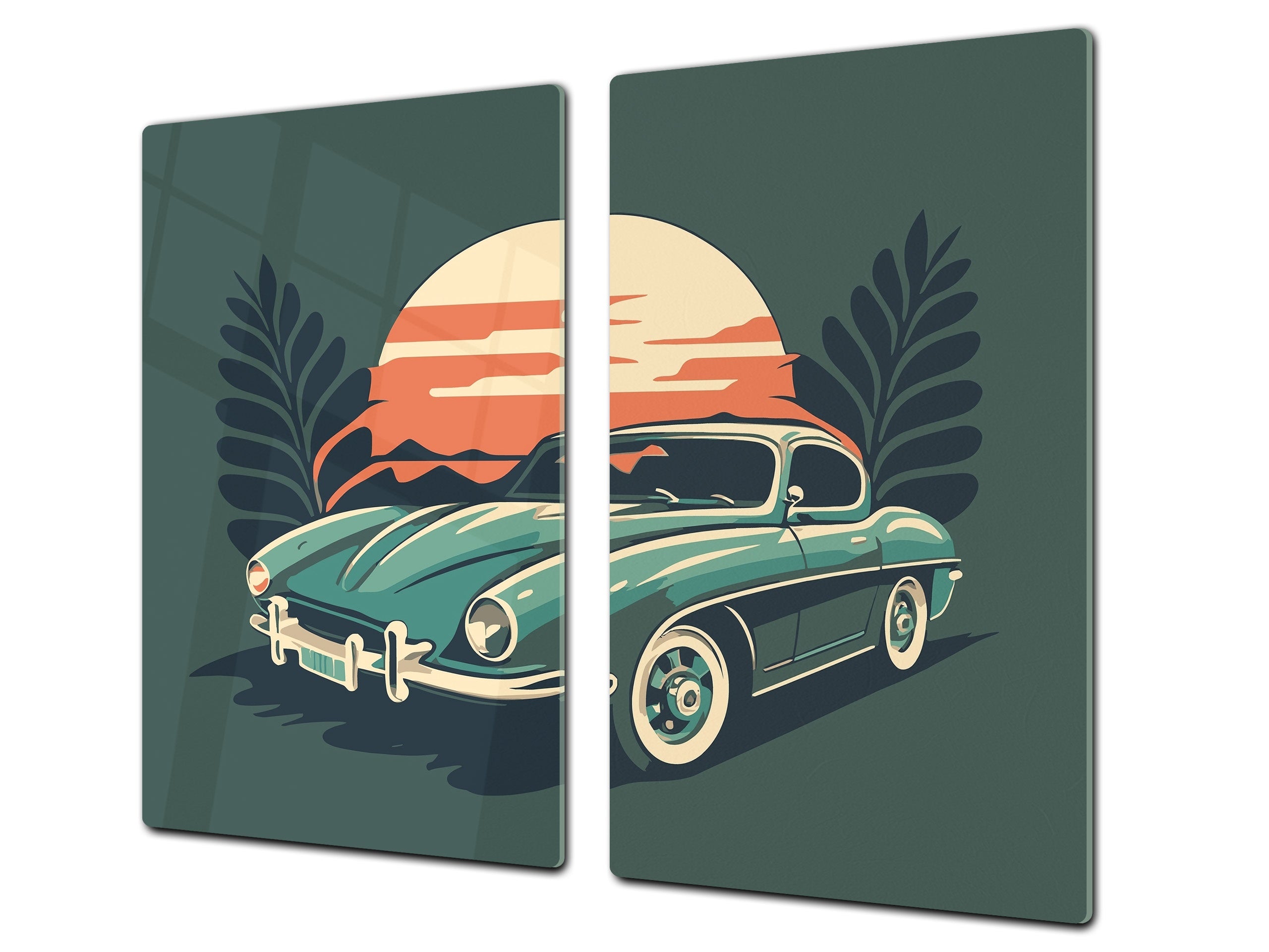 Chopping Board - Induction Cooktop Cover - Glass Cutting Board – Impact & Shatter Resistant – MEASURES: SINGLE: 60 x 52 cm; DOUBLE: 2 x 30 x 52 cm; D42 Modern Art Series : Minimalist Oldschool Car