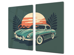 Chopping Board - Induction Cooktop Cover - Glass Cutting Board – Impact & Shatter Resistant – MEASURES: SINGLE: 60 x 52 cm; DOUBLE: 2 x 30 x 52 cm; D42 Modern Art Series : Minimalist Oldschool Car