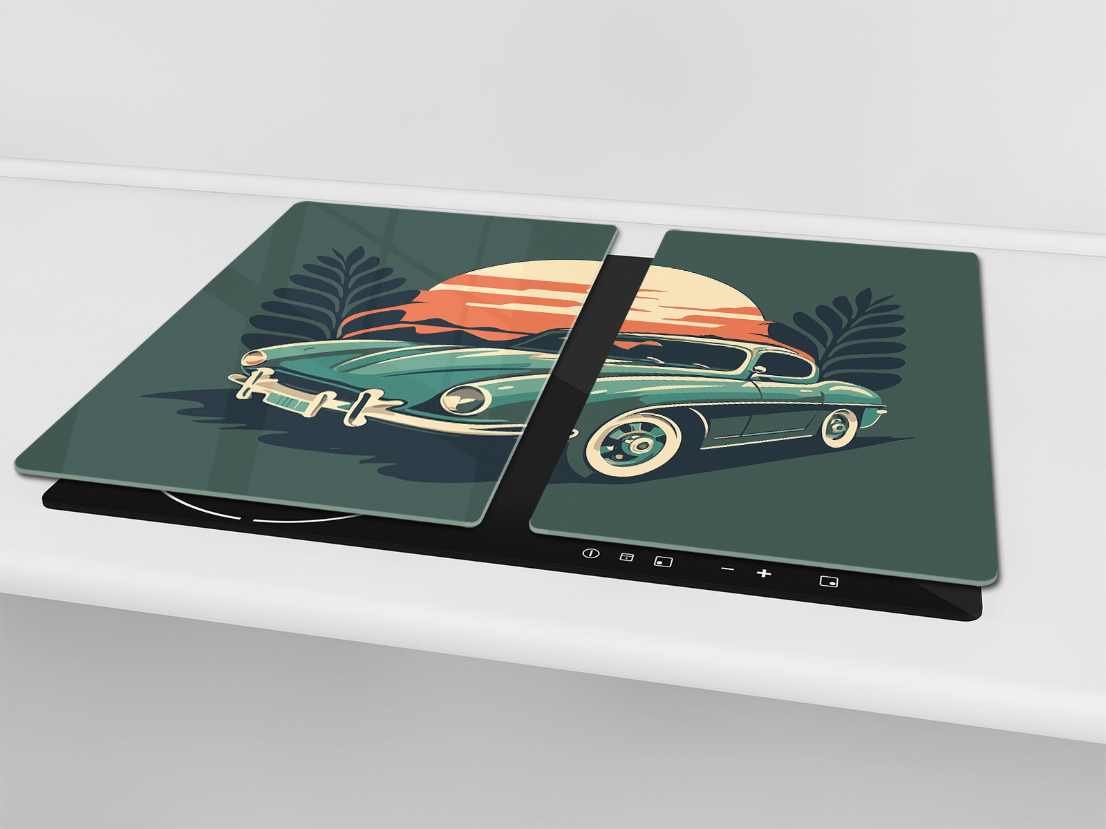 Chopping Board - Induction Cooktop Cover - Glass Cutting Board – Impact & Shatter Resistant – MEASURES: SINGLE: 60 x 52 cm; DOUBLE: 2 x 30 x 52 cm; D42 Modern Art Series : Minimalist Oldschool Car